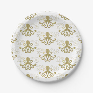 Golden Octopus & Sea Shells Beach Birthday Party Paper Plate