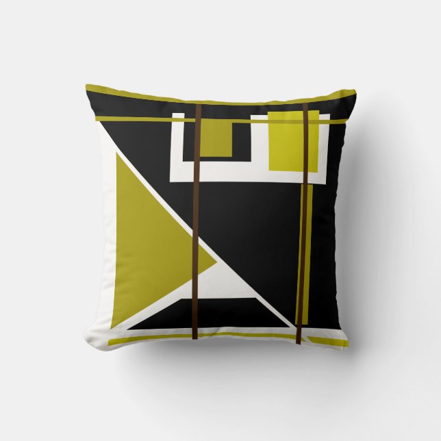 Golden Olive Black White Geometric Retro Look Cushion (Front)