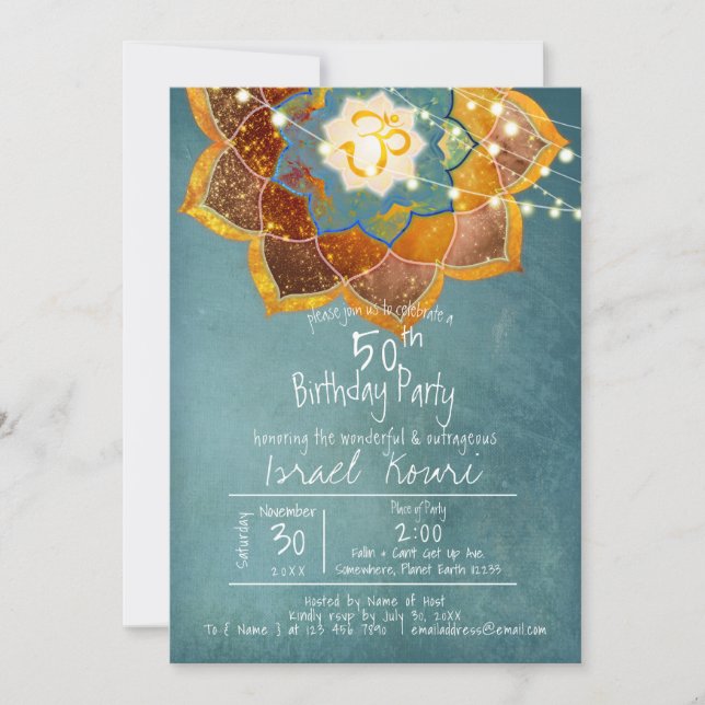 Golden Om Flower Mandala Design 50th Birthday Teal Invitation (Front)