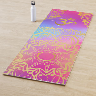 Golden Om Rainbow Watercolor Mandala  Yoga Mat