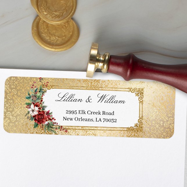 Golden Opulence Christmas Floral Wedding Return Address Label (Creator Uploaded)