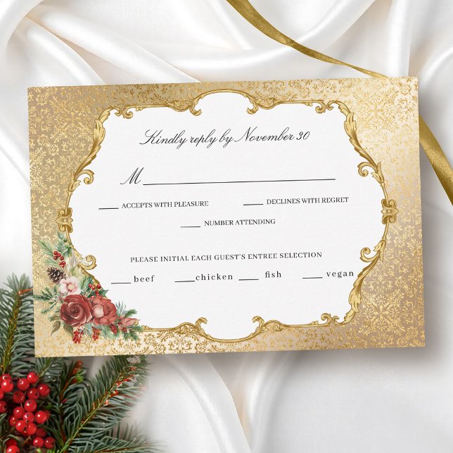 Golden Opulence Christmas Floral Wedding RSVP Card (Creator Uploaded)