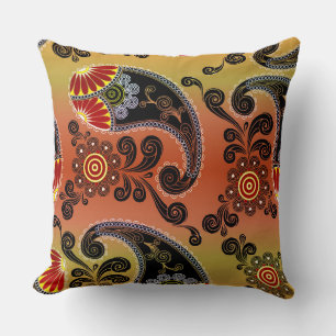 Golden Orange and Black Paisley Throw Pillow