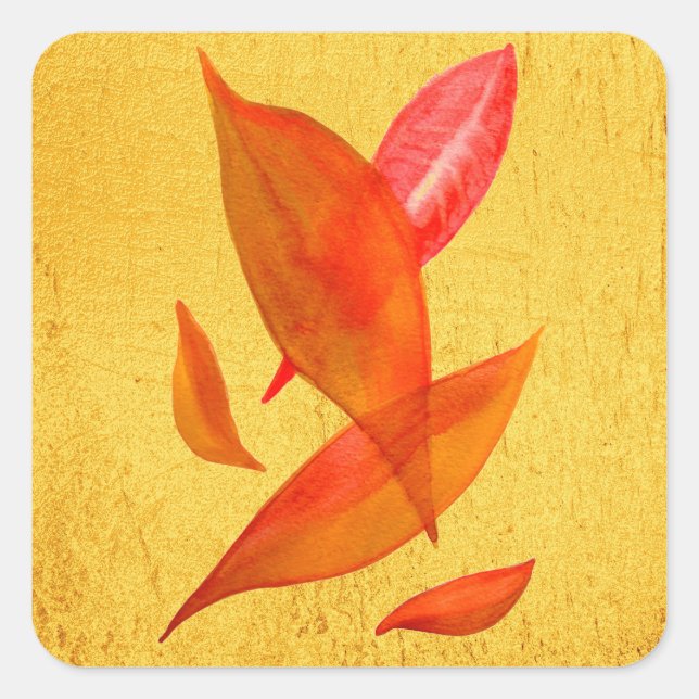 Golden Orange Autumn Fall leaf modern art Square Sticker (Front)
