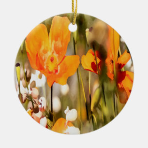 Golden Orange California Poppy Acrylic Painting Ceramic Ornament