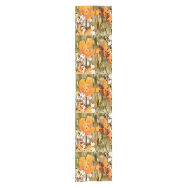 Golden Orange California Poppy Acrylic Painting Short Table Runner (Front)