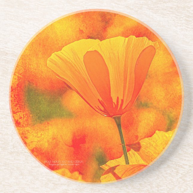 Golden Orange California Poppy "Land Of Orange" Coaster (Front)