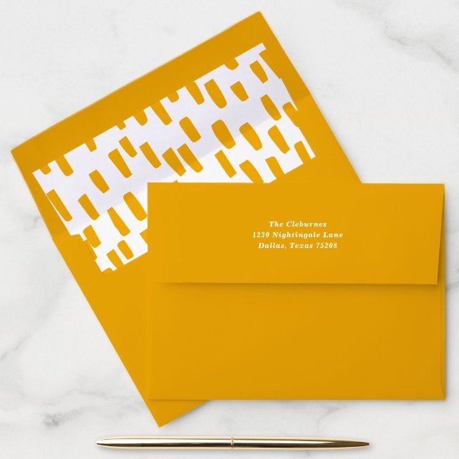 Golden Orange Dashing Return Address Envelope (Golden orange return address envelope with dashing inside liner.)