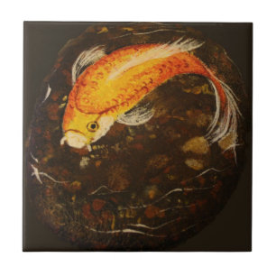 Golden Orange Koi Fish Ceramic Tile