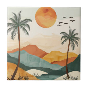 Golden Orange Retro Tropical Mountain Sunset Ceramic Tile