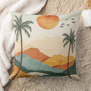 Golden Orange Retro Tropical Mountain Sunset Cushion