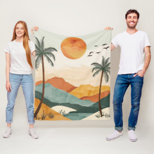Golden Orange Retro Tropical Mountain Sunset Fleece Blanket