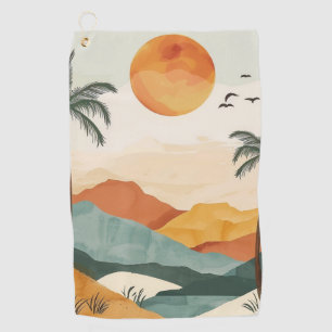 Golden Orange Retro Tropical Mountain Sunset Golf Towel