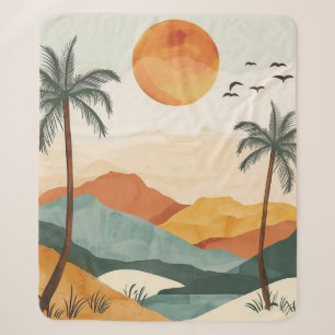 Golden Orange Retro Tropical Mountain Sunset Sherpa Blanket