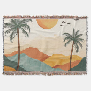 Golden Orange Retro Tropical Mountain Sunset Throw Blanket