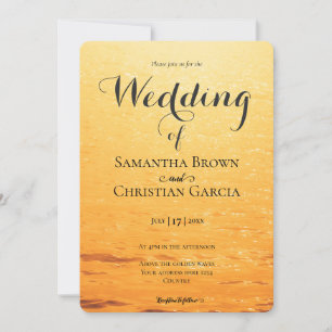 Golden orange summer sea waves wedding invitation