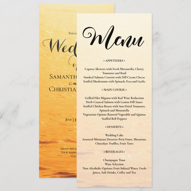 Golden orange summer sea waves wedding menu (Front/Back)