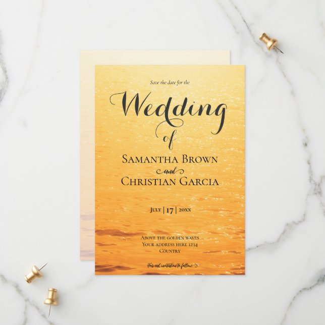 Golden orange summer sea waves wedding save the date (Front/Back In Situ)