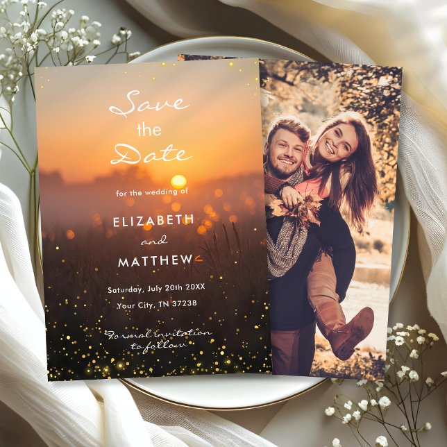 Golden Orange Sunset Fireflies Country Wedding Save The Date (Creator Uploaded)