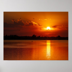 Golden Orange Sunset over a Calm Lake Poster