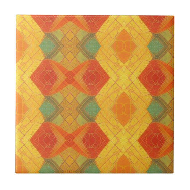 Golden orange teal diamond geometric design kitty  ceramic tile (Front)