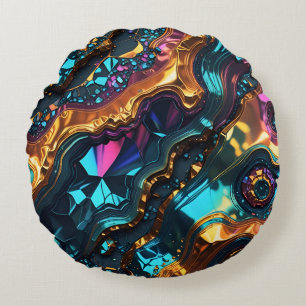 Golden Ore Veins with shiny Gems Round Cushion