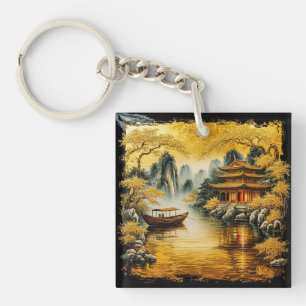 Golden Oriental Lake with a Pagoda Key Ring