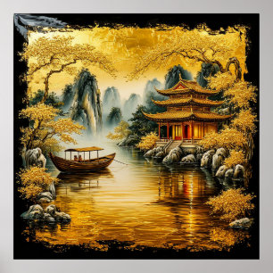 Golden Oriental Lake with a Pagoda Poster