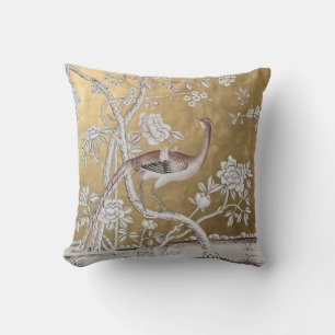 Golden Oriental Tea Garden with Subtle Peacock Cushion