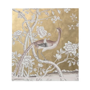 Golden Oriental Tea Garden with Subtle Peacock Notepad
