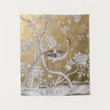 Golden Oriental Tea Garden with Subtle Peacock