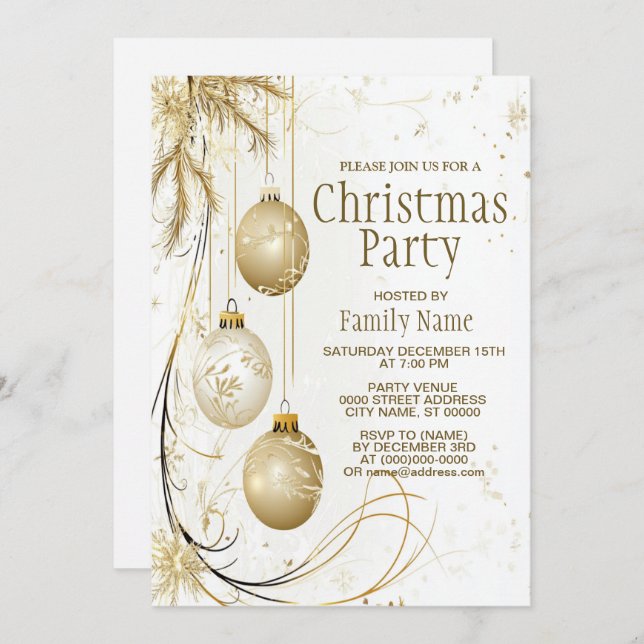 Golden Ornament Christmas Holiday Party Elegant Invitation (Front/Back)