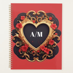Golden Ornamental Heart Wreath With Red Flowers Planner