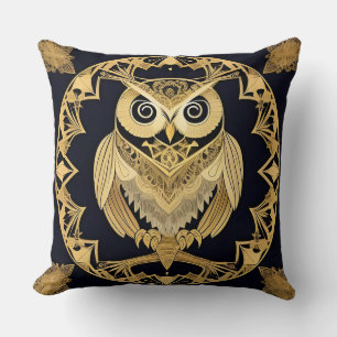 Golden Ornamental Owl with Decorative Design Cushion