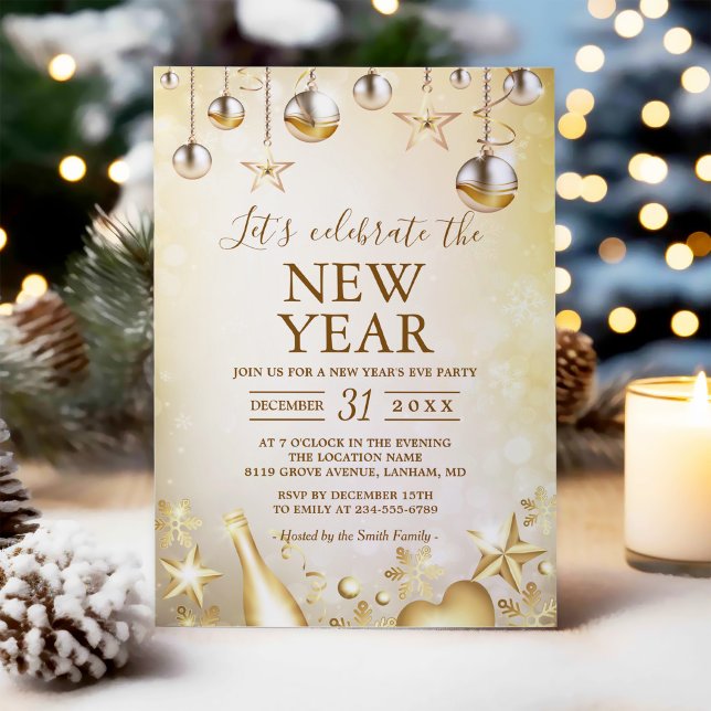 Golden Ornaments Celebrate the New Year's Party Invitation (Creator Uploaded)