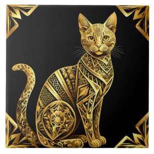 Golden Ornate Cat Illustration Ceramic Tile