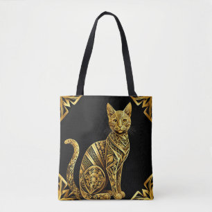Golden Ornate Cat Illustration Tote Bag