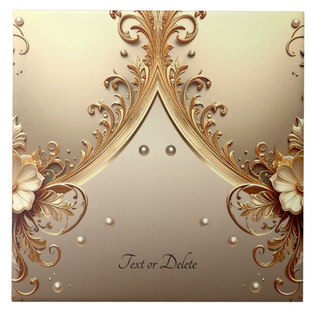 Golden Ornate Floral Ceramic Tile (Front)