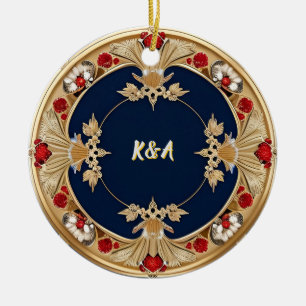 Golden Ornate Floral Circle Design Ceramic Ornament