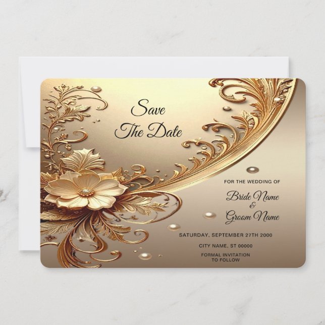 Golden Ornate Floral Save The Date (Front)