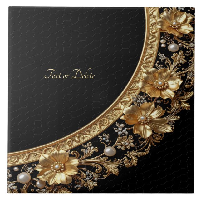 Golden Ornate Flowers Ceramic Tile (Front)