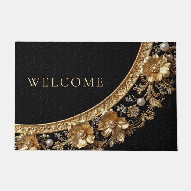 Golden Ornate Flowers Doormat (Front)