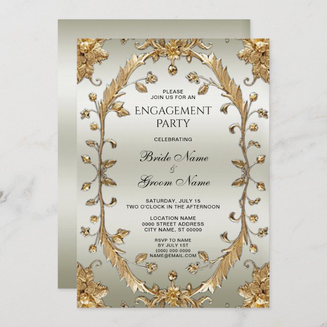 Golden Ornate Flowers Engagement Invitation (Front/Back)