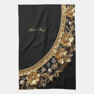 Golden Ornate Flowers Kitchen Towel