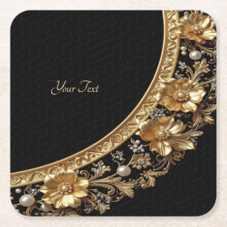 Golden Ornate Flowers Paper Coaster