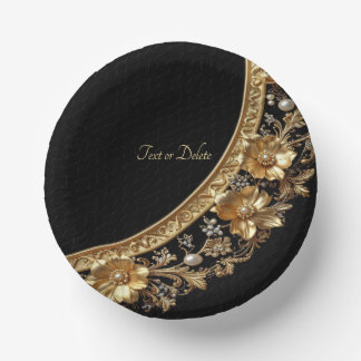 Golden Ornate Flowers Paper Plate
