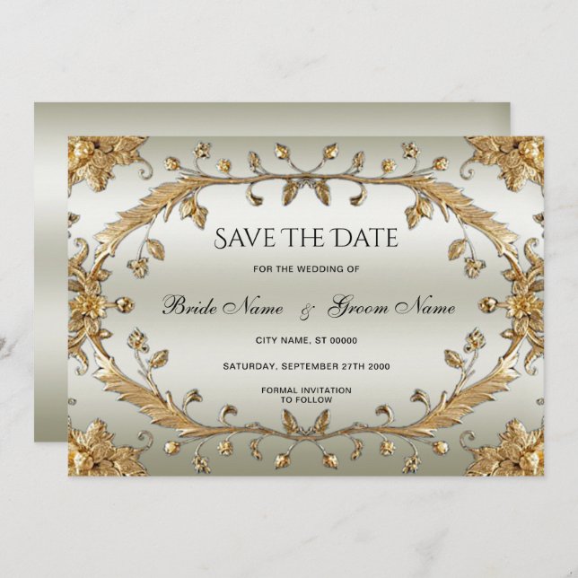 Golden Ornate Flowers Save The Date (Front/Back)