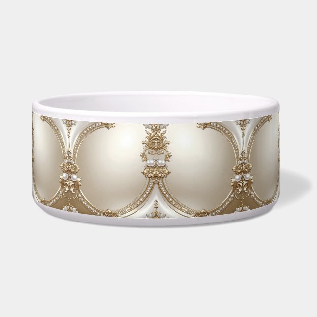 Golden Ornate Frame with Pearls Ceramic Pet Bowl (Front)
