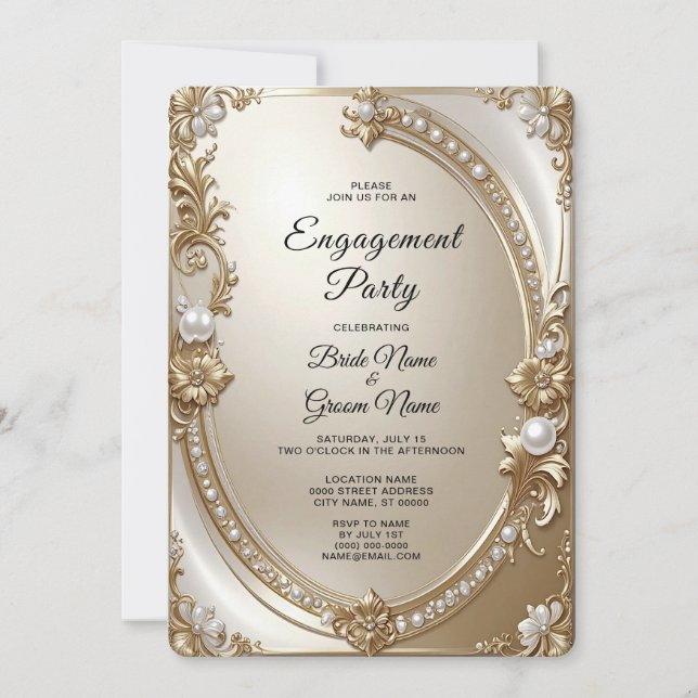 Golden Ornate Frame with Pearls Engagement Invitation (Front)
