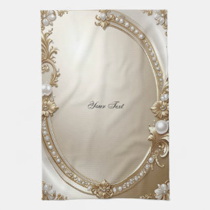 Golden Ornate Frame with Pearls Kitchen Towel